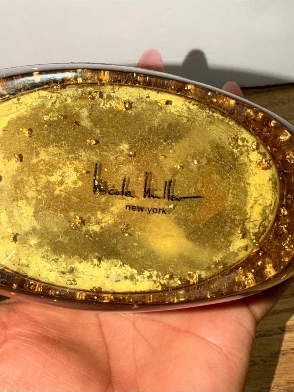 Vintage Nicole Miller Amber & Gold Flake Resin Tooth Brush Holder.